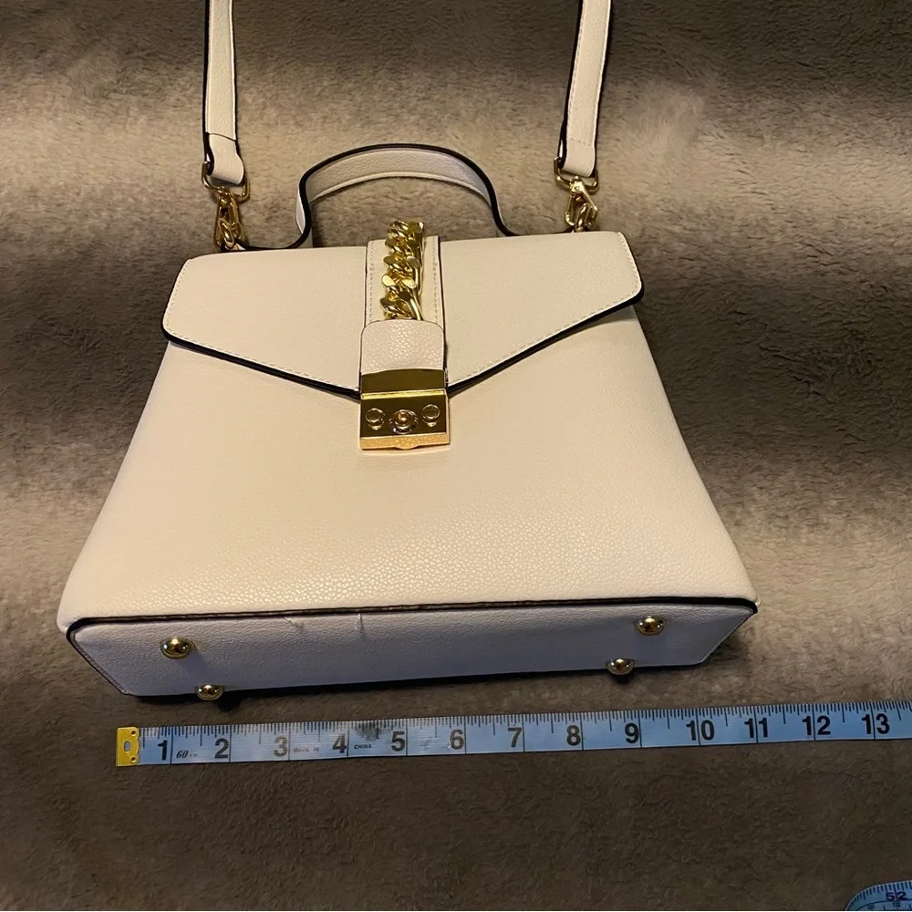 Chic Ivory Vegan Leather with Gold Tone Chain Detail Convertible Crossbody Bag